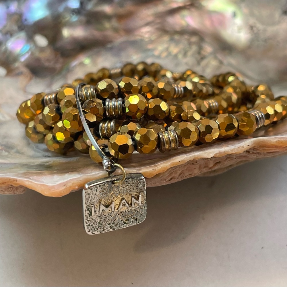 IMAN Glass Gold Metallic Six Strand Beaded Bracelet - Adjustable Rare Find